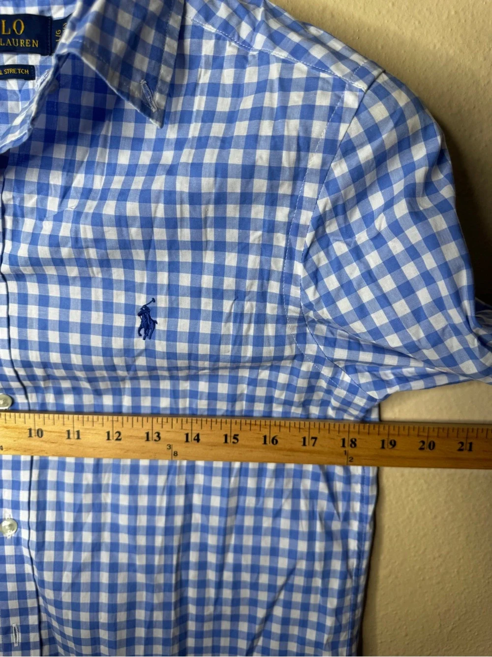 Polo Ralph Lauren Boys L 14-16 Button Up Shirt Blue Gingham Cotton Stretch